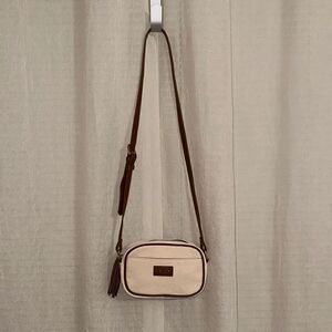 LOUME Ivory Cotton Canvas Faux Cognac Leather Small Crossbody Bag Purse